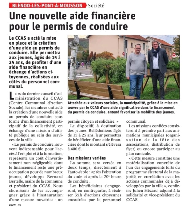 Mise en place d&rsquo;un dispositif d&rsquo;aide au permis de conduire pour les jeunes de Blénod.